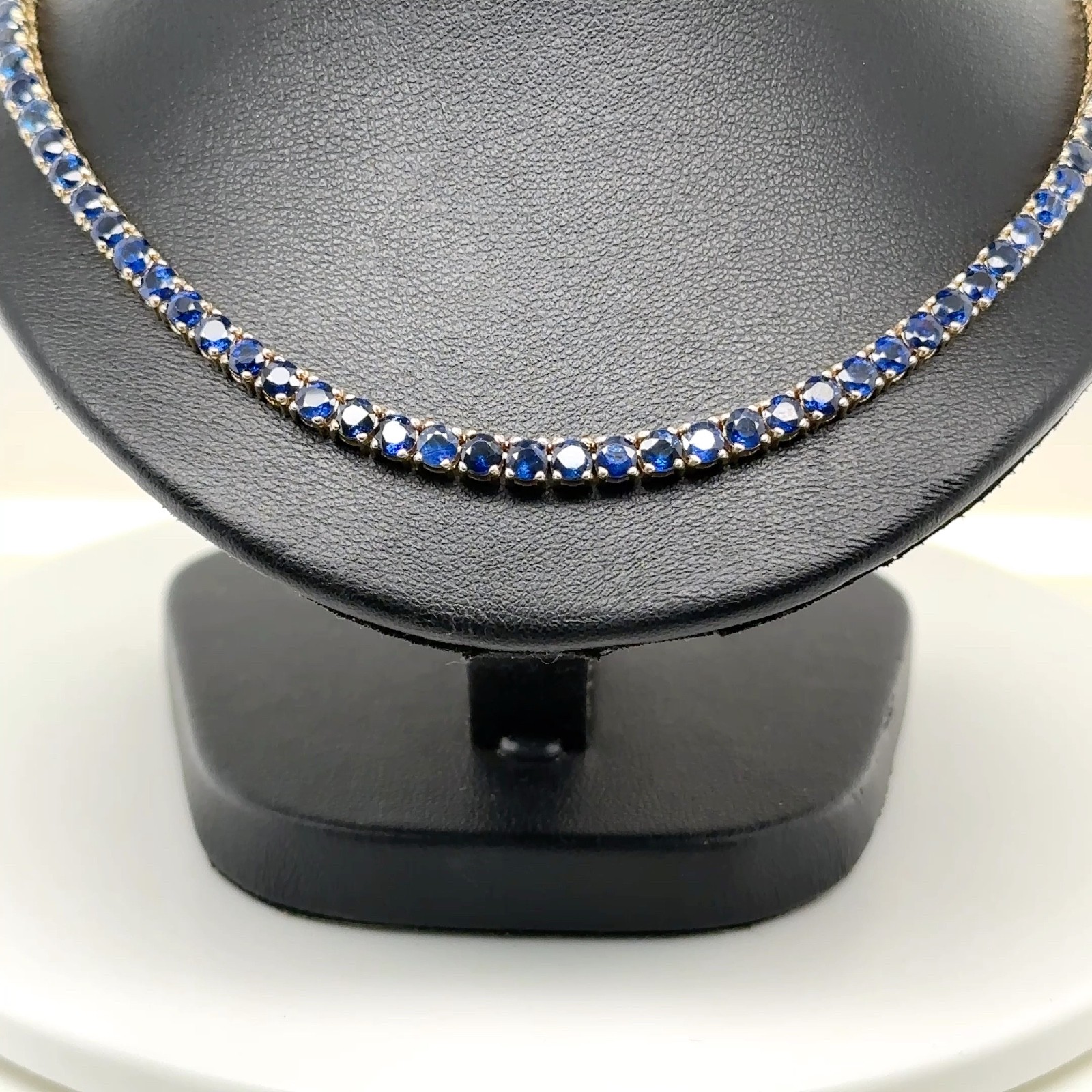 14K Yellow Gold 17″ Full Eternity Round Blue Sapphire Tennis Necklace 28.85ctw