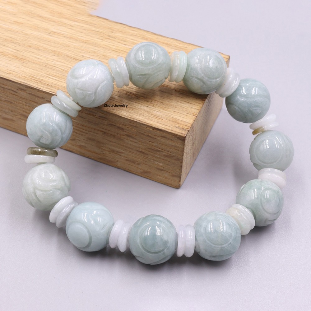 NEW 13mm Natural Grade A Jade Carved Bead Elastic Bracelet Fit 6.5inch Wrist