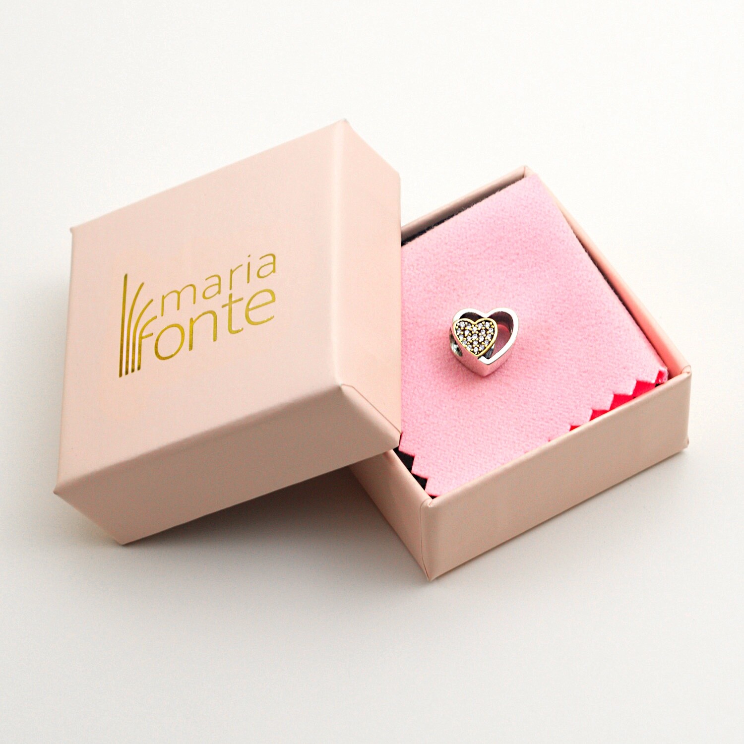 MariaFonte Bead Charm Heart Gold CZ Pendant Fortune 925 Silver Compatible