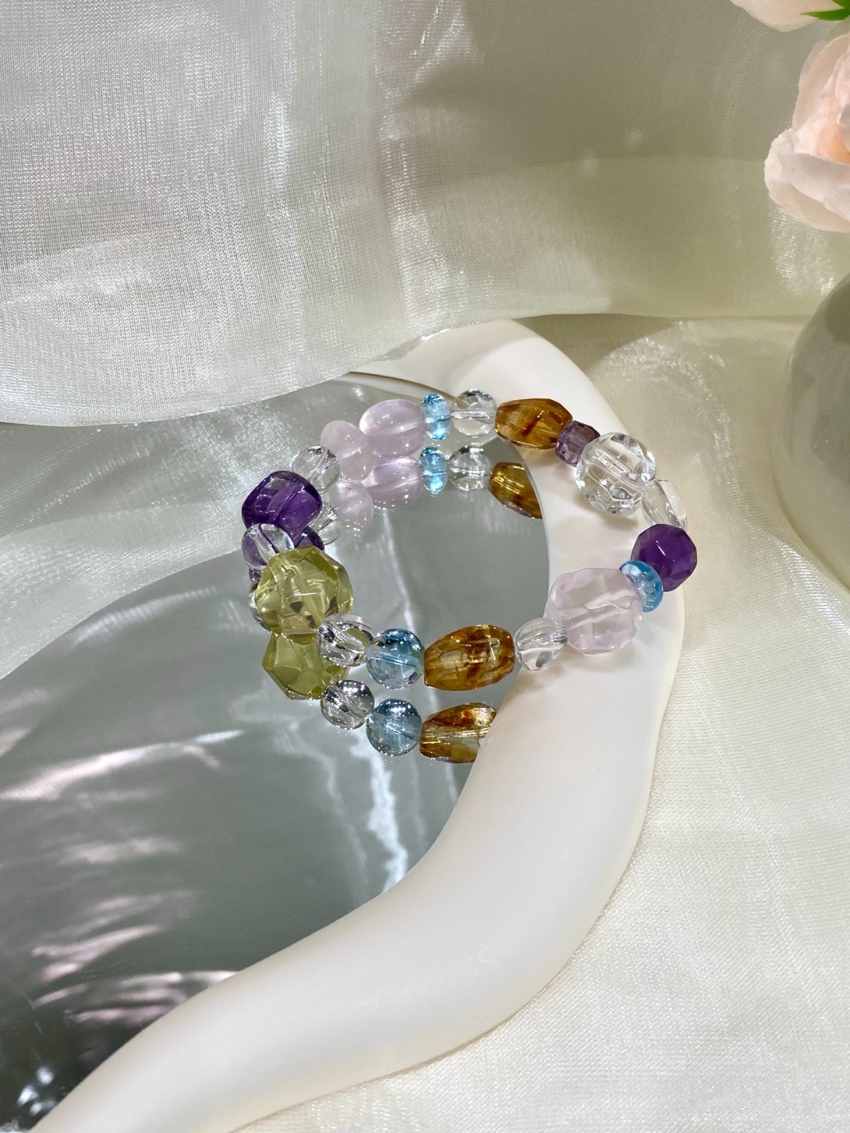 LUSA FEELA Natural Citrine Amethyst Crystal Beaded Stretch Bracelet Gift Box
