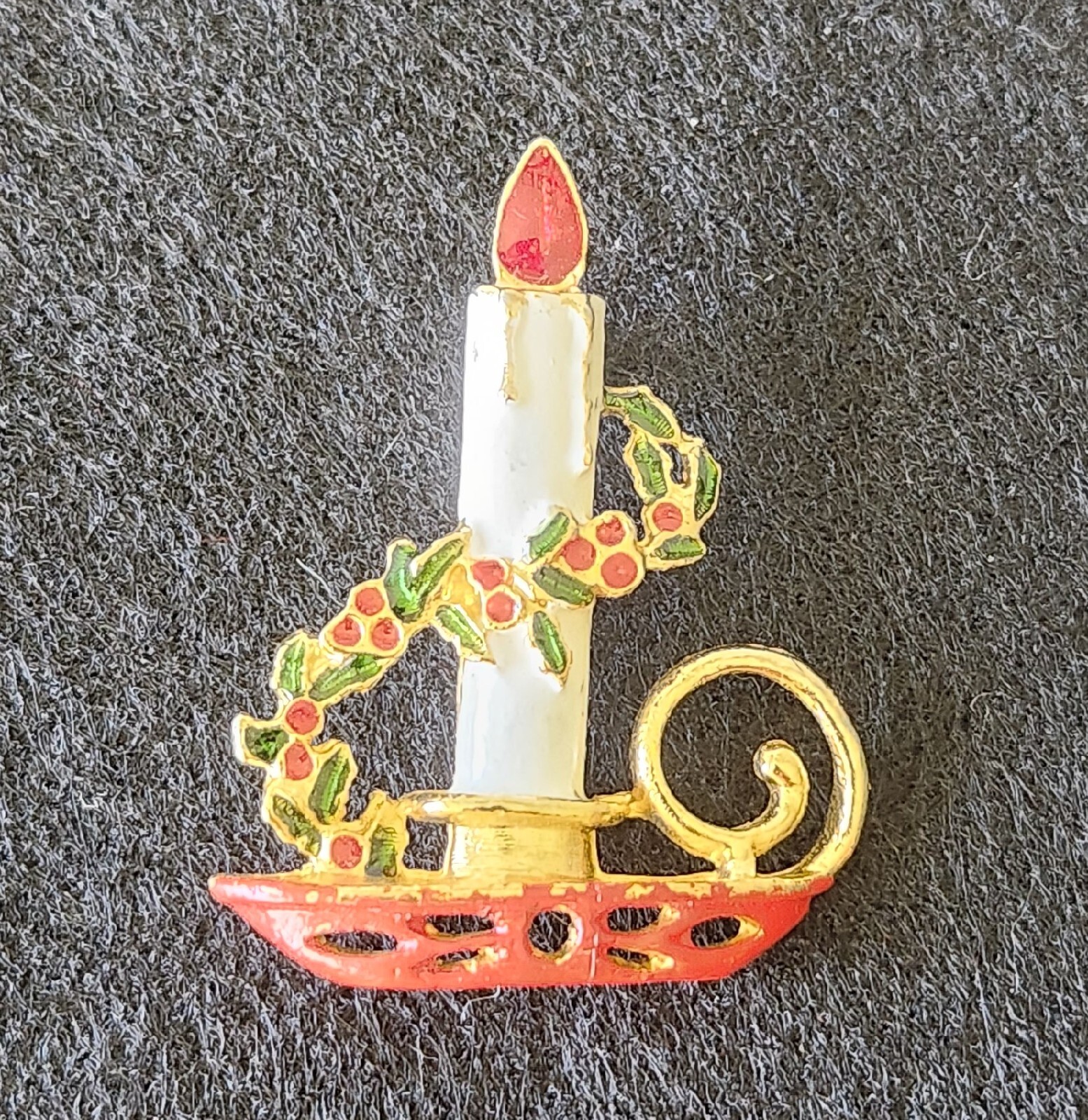 Vintage Gold White Red Enamel Christmas Candle in Holder w/Holly Brooch Pin NMC!