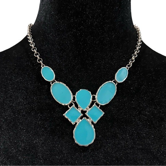 Bib Necklace Blue Silver Tone Adjustable Length Women Casual Work
