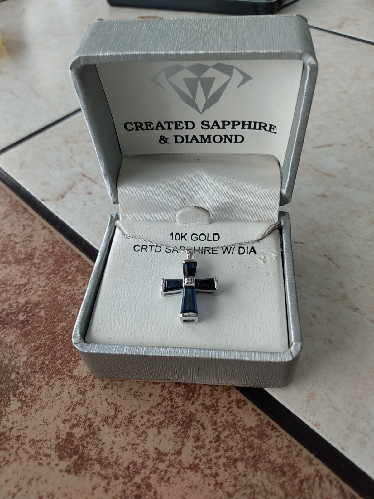 10k White Gold Lab-Created Blue Sapphire & Diamond Cross & 18 Inch Chain 2 Gram