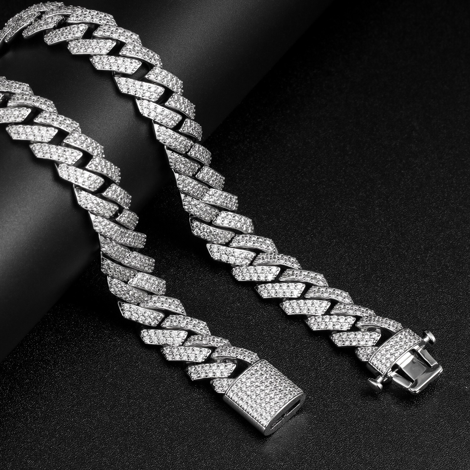 White Gold Plated Full Iced CZ Out Stainless Steel Mens Cuban Link Chain 15MM