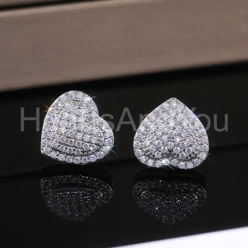 2ct Round Cut Moissanite Puff Heart Stud Valentine Earring 14K White Gold Plated