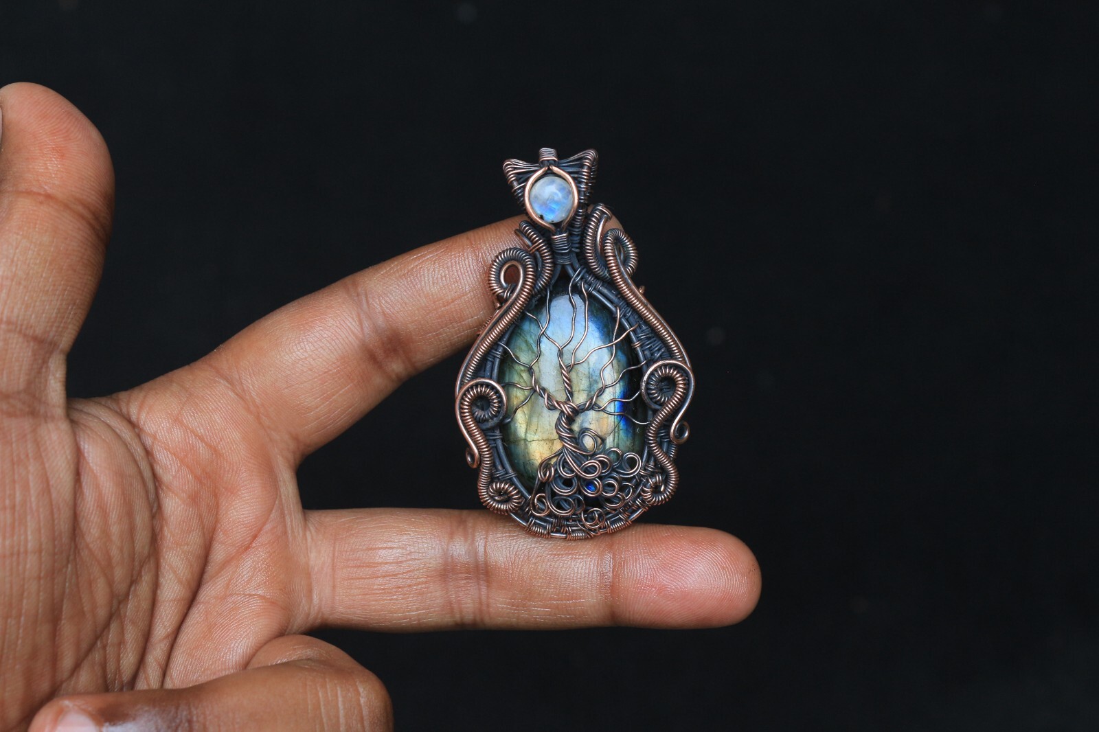 Yellow Fire Labradorite Copper Wire Wrap Tree Of Life Pendant Jewelry Gift NK547