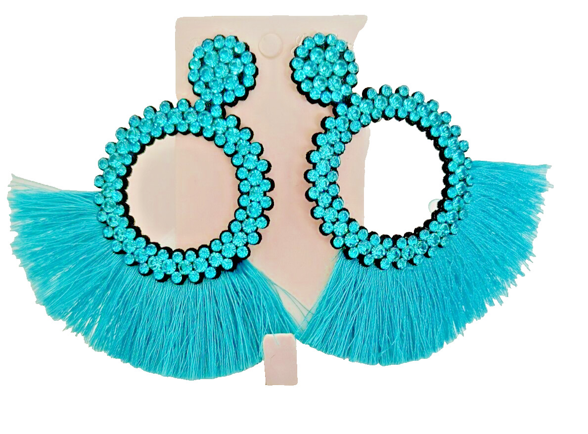 New Fashion Jewelry Dangle/ Drop Earrings Aqua Fringe Crystals Appx 3.5 inx3 in