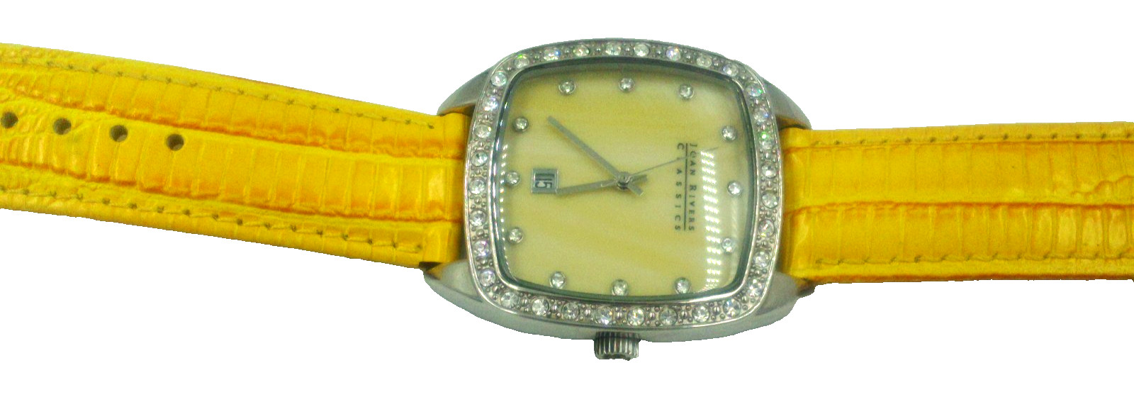 Joan Rivers Classics Yellow Leather Silver Tone CZ Watch V377 Needs Battery