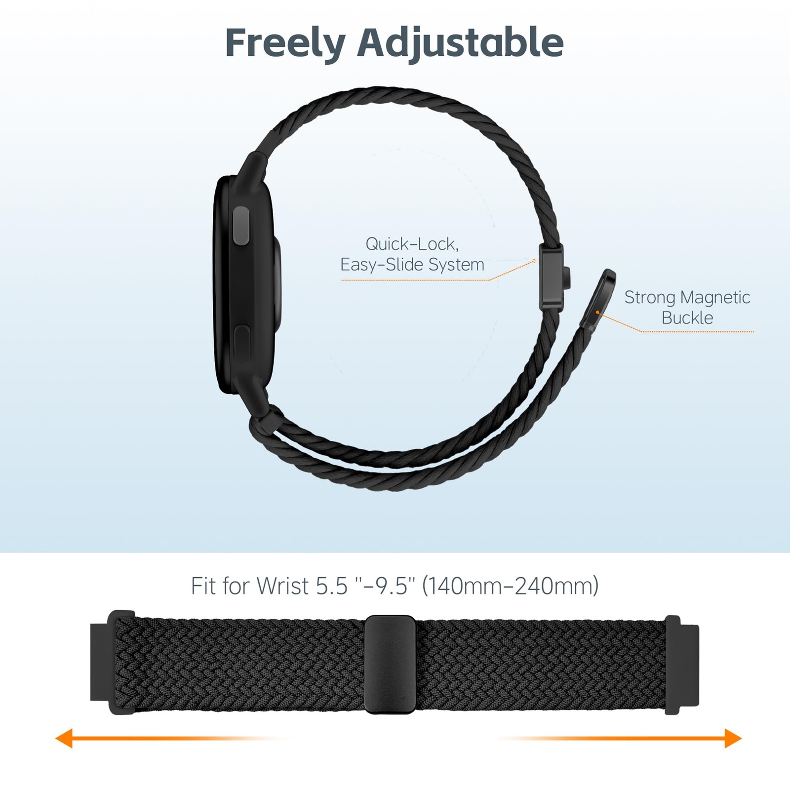 GloryFit Smart Watch Bands, 22mm Braided Elastic Bands 5.85-9.5 inches, Black
