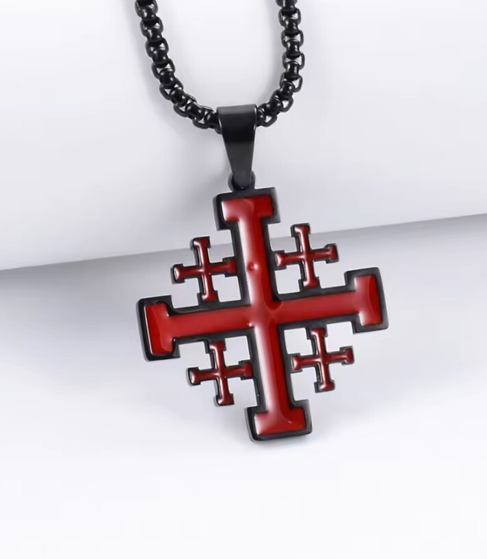 Stainless Steel Black and Red Jerusalem Cross + 50cm (19.7in) 3mm chain