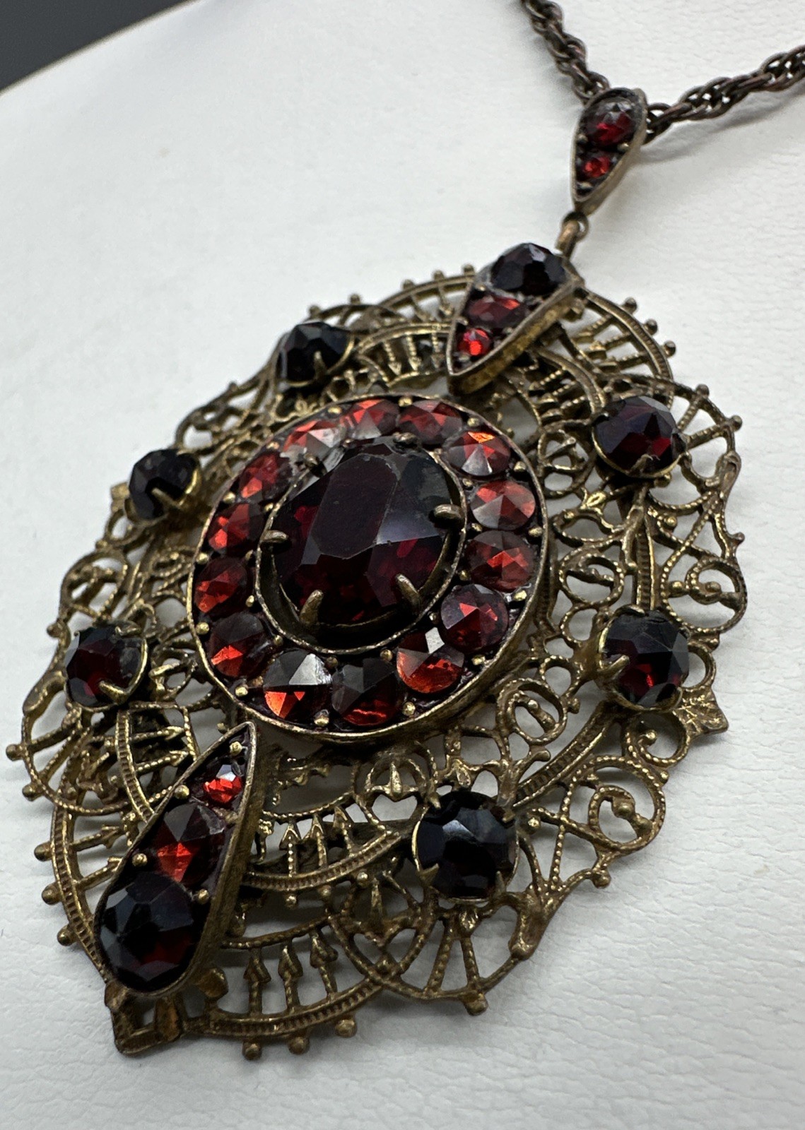 Vintage Antique Bohemian Czech Glass Or Garnet Pendant Necklace 17” Lovely!
