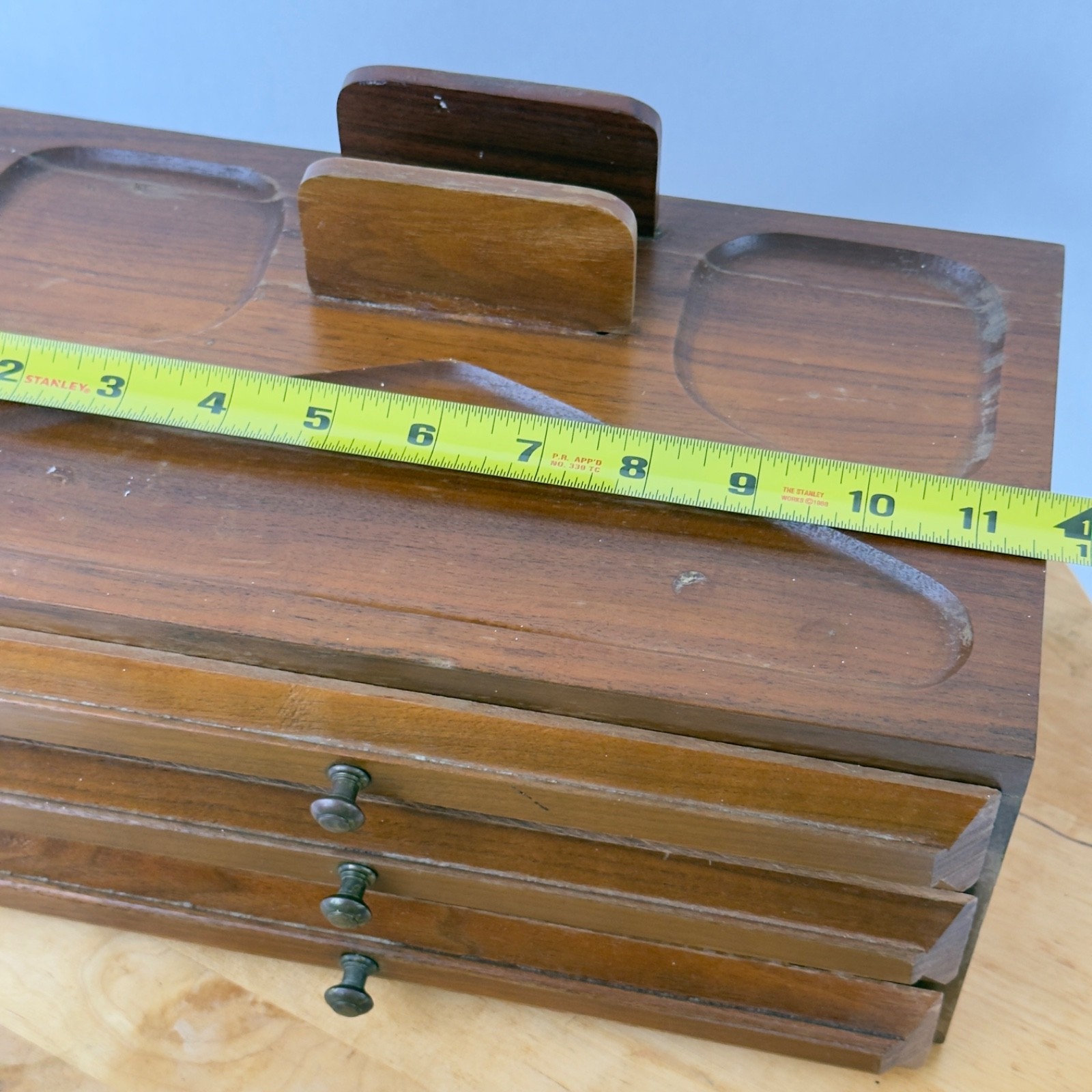 Mid Century Walnut Wood Desk Organizer Jewelry Desk Valet Box w Drawers Catchall