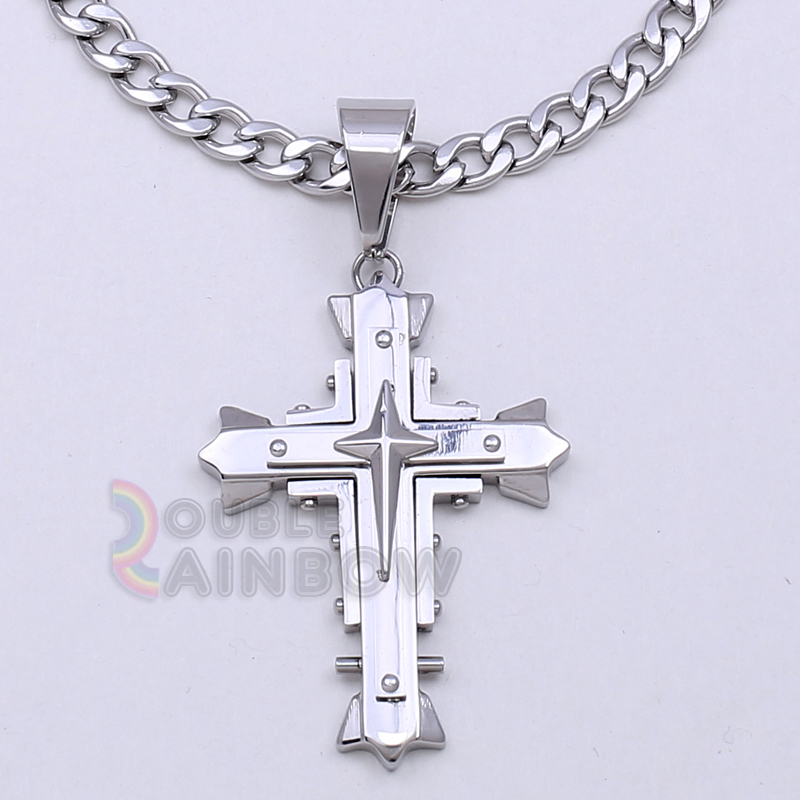 8P3 18-36″Men Stainless Steel Silver Cross Pendant 6MM Cuban Necklace Chain