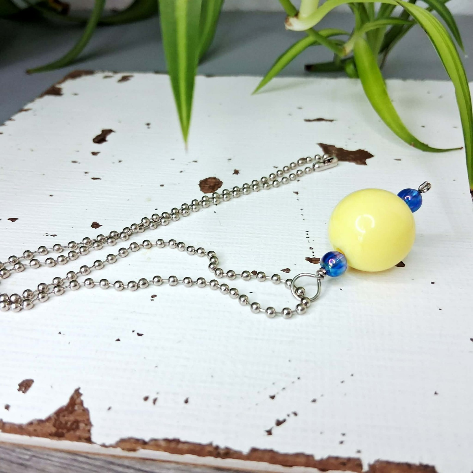 Chic Silver Necklace with Yellow and Blue Pendant, 17″