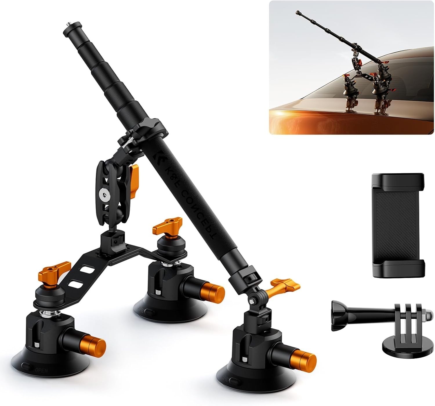 Triple Suction Cup Car Mount for Camera, Heavy Duty 3-in-1 Kit with 15° Curved
