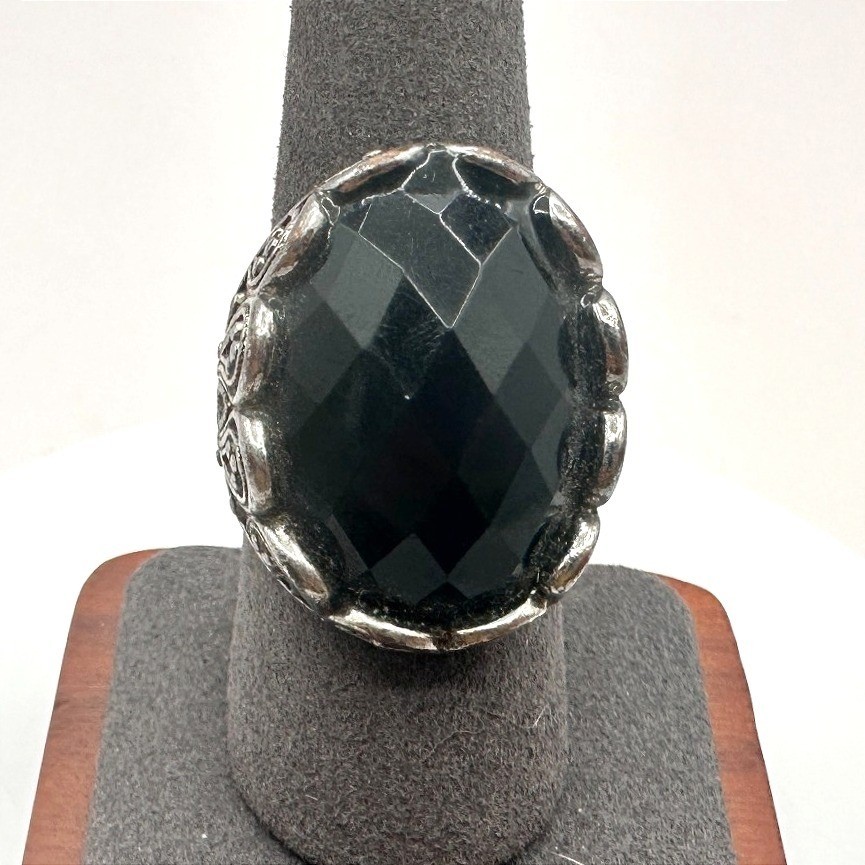Vintage 80s Silver Tone Black Onyx Statement Ring Oval Faceted Gemstone Jewelry