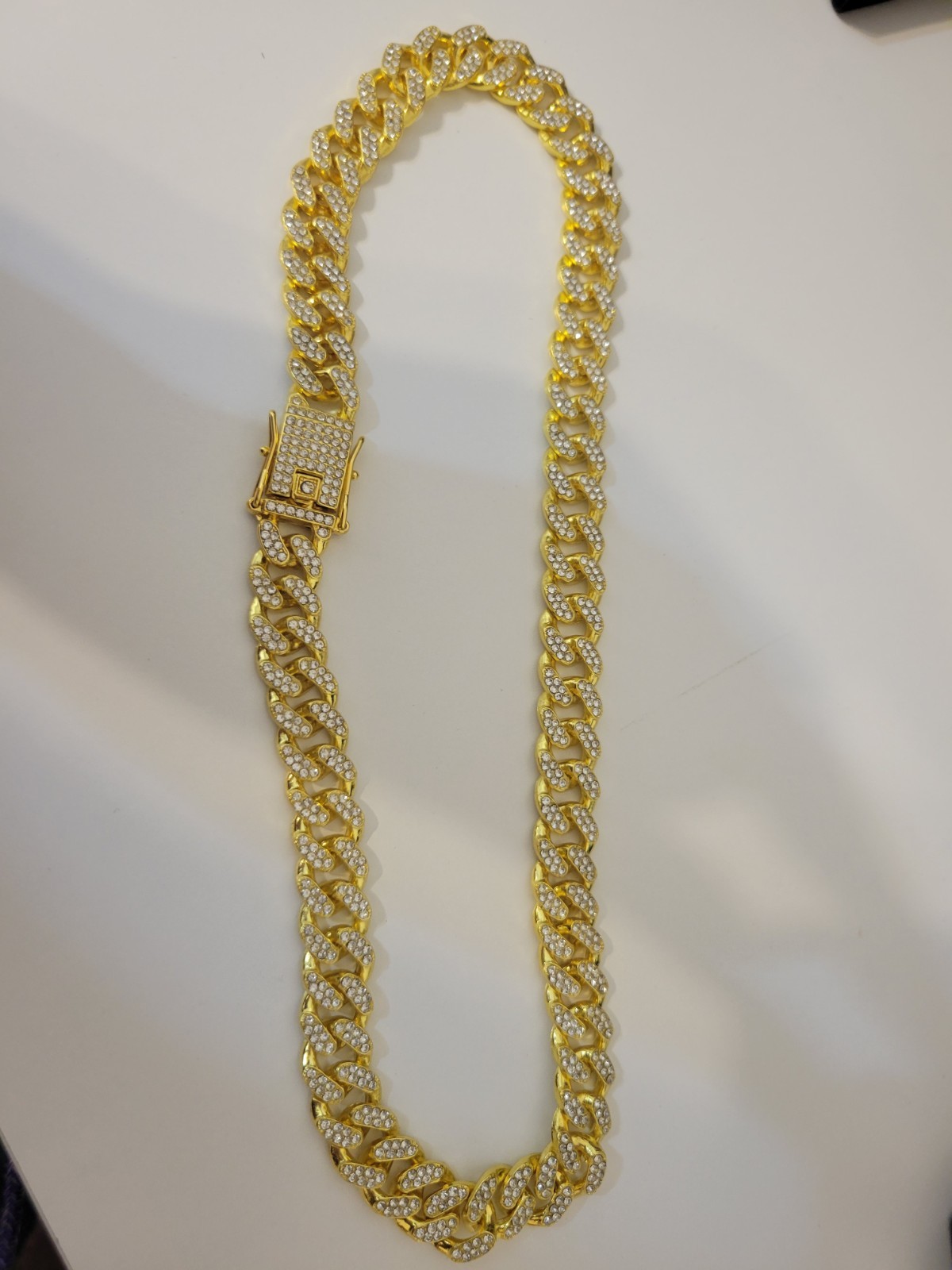 Gold Plated Iced Out Cuban Link Chain Necklace White Crystal Pavé Box Clasp