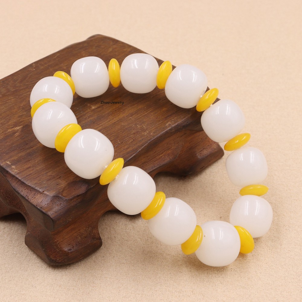 New Chinese White Jade 14mm Barrel Bead Elastic Bracelet Fit Wrist 15-17cm