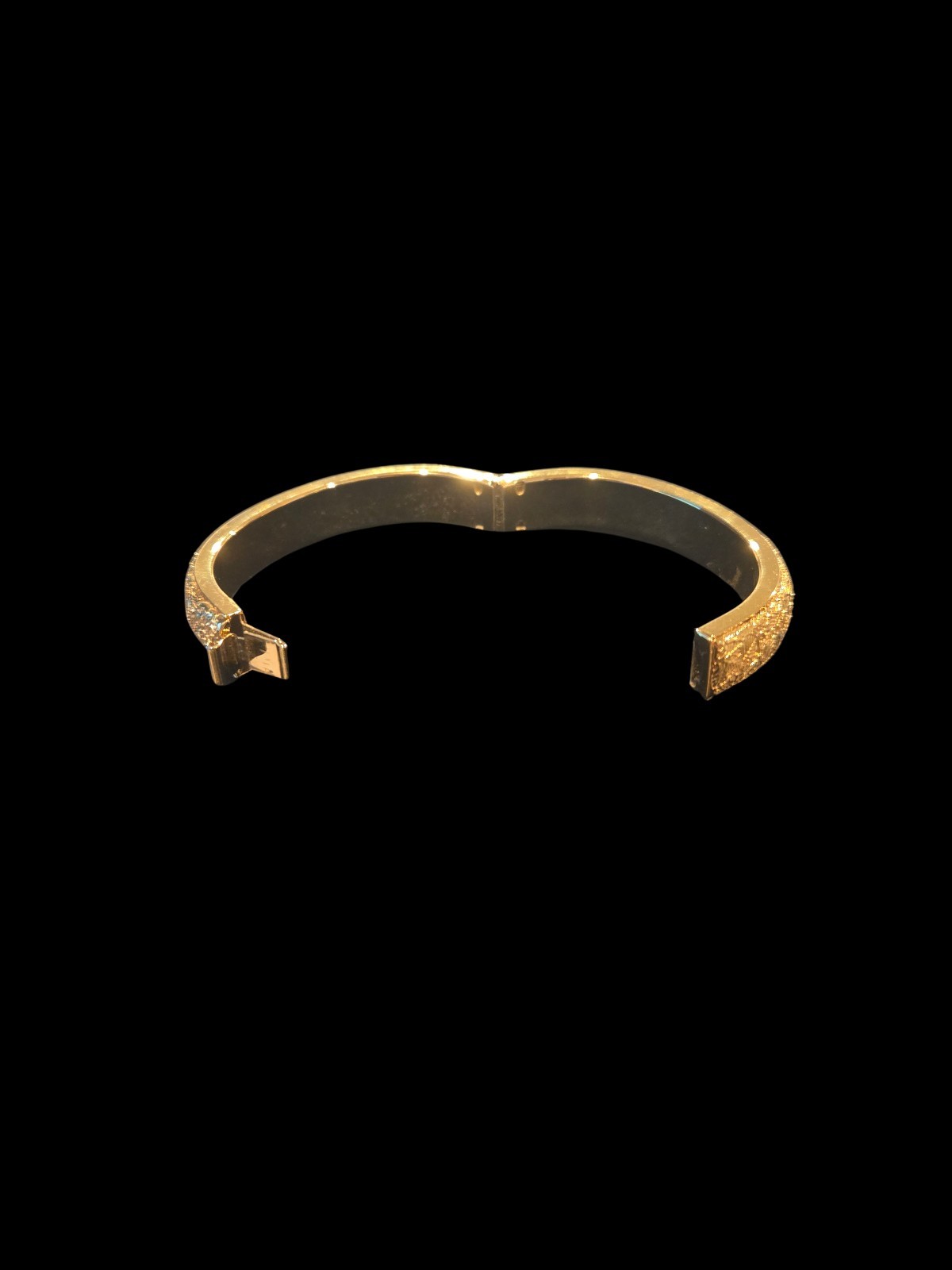 Gold Tone Textured Hinged Cuff Bangle Bracelet, Round Shape Metal, No Stone