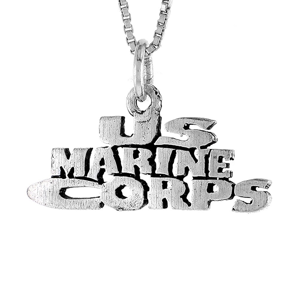 925 Sterling Silver US Marine Corps Word Necklace with 18 Inch Long Box Chain