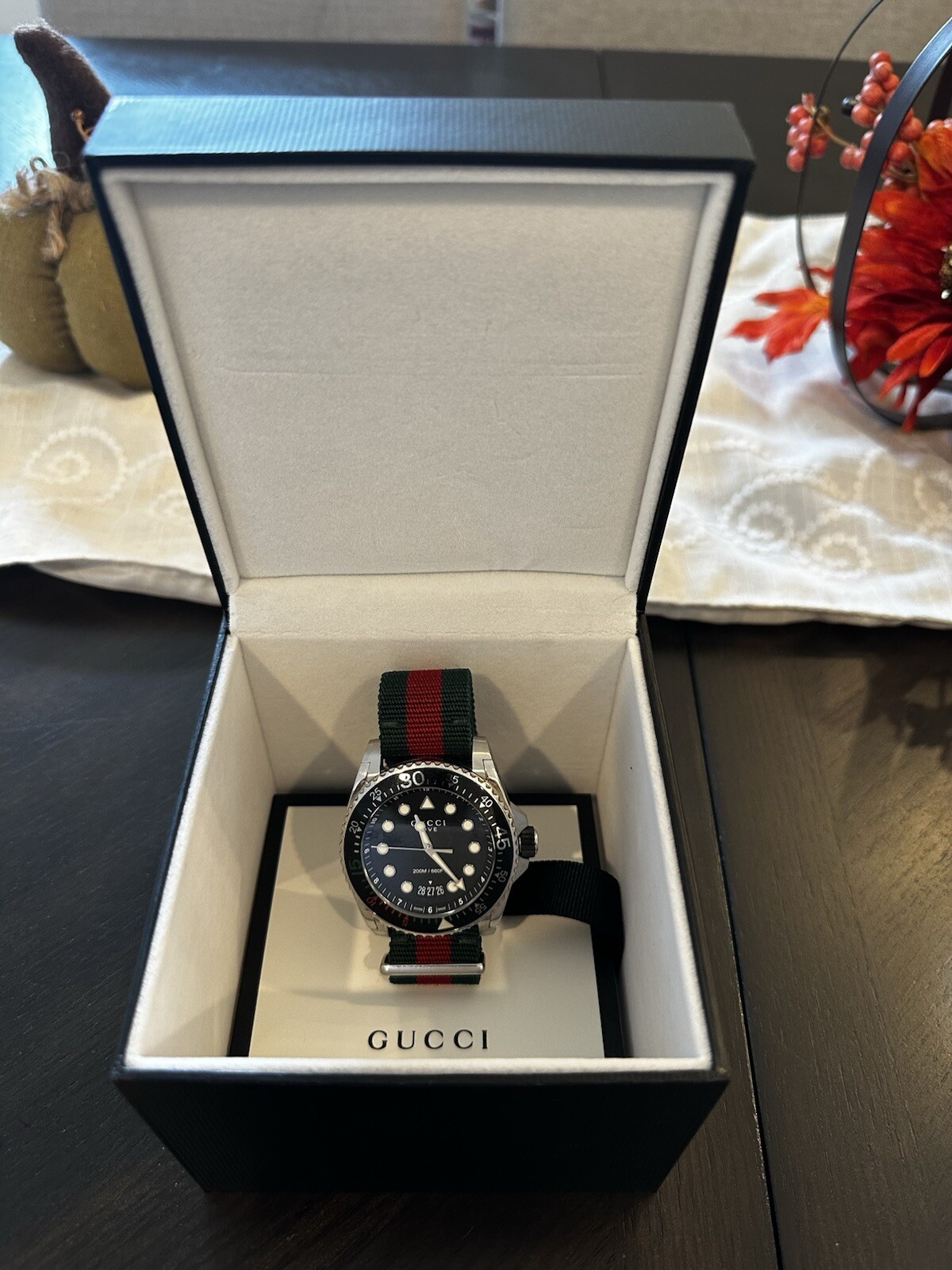 GUCCI Dive 45MM Black Matte Dial Green Red Web Nylon Watch YA136209A