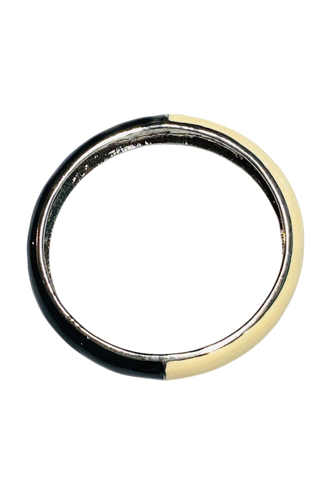 Vintage Black & Cream White Enamel Silver Tone Bangle Hinged Bracelet Clamper