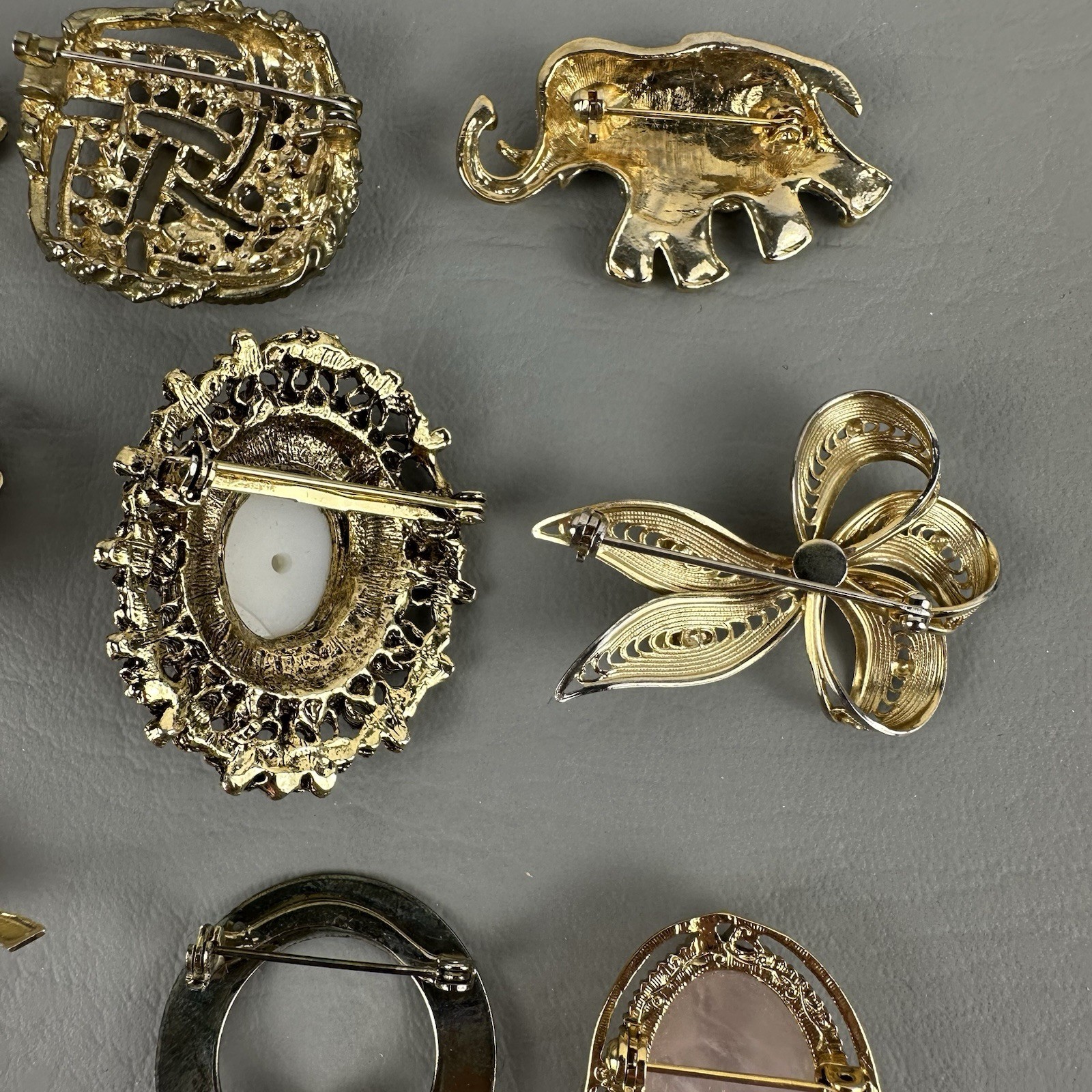 Vintage Brooch Lot 15 Gold Tone Rhinestone Faux Pearl Heart Elephant Floral