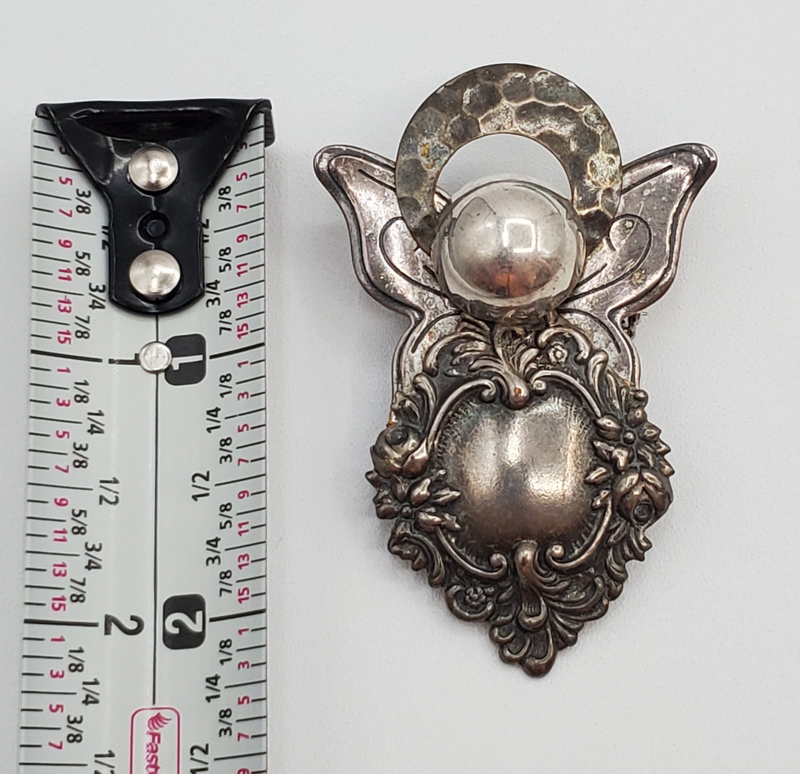 VTG Angel Brooch and Pendant Combo 2.5in Hammered Silver Tone Scroll Steampunk
