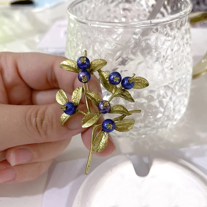 Enamel Green Plant Pearls Pin Tree Lotus Leaf Blueberry Cherry Flower Brooch