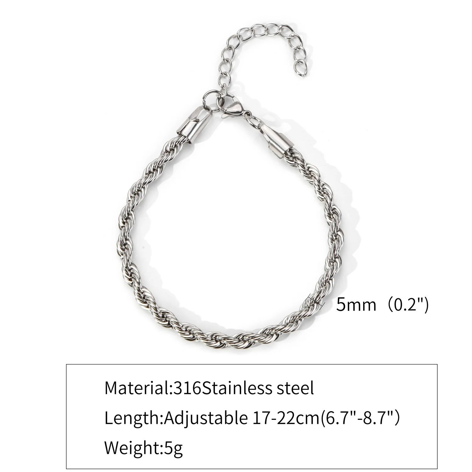Simple Silver Twist Chain Bracelet Hip Hop Jewelry Adjustable Party Accessories