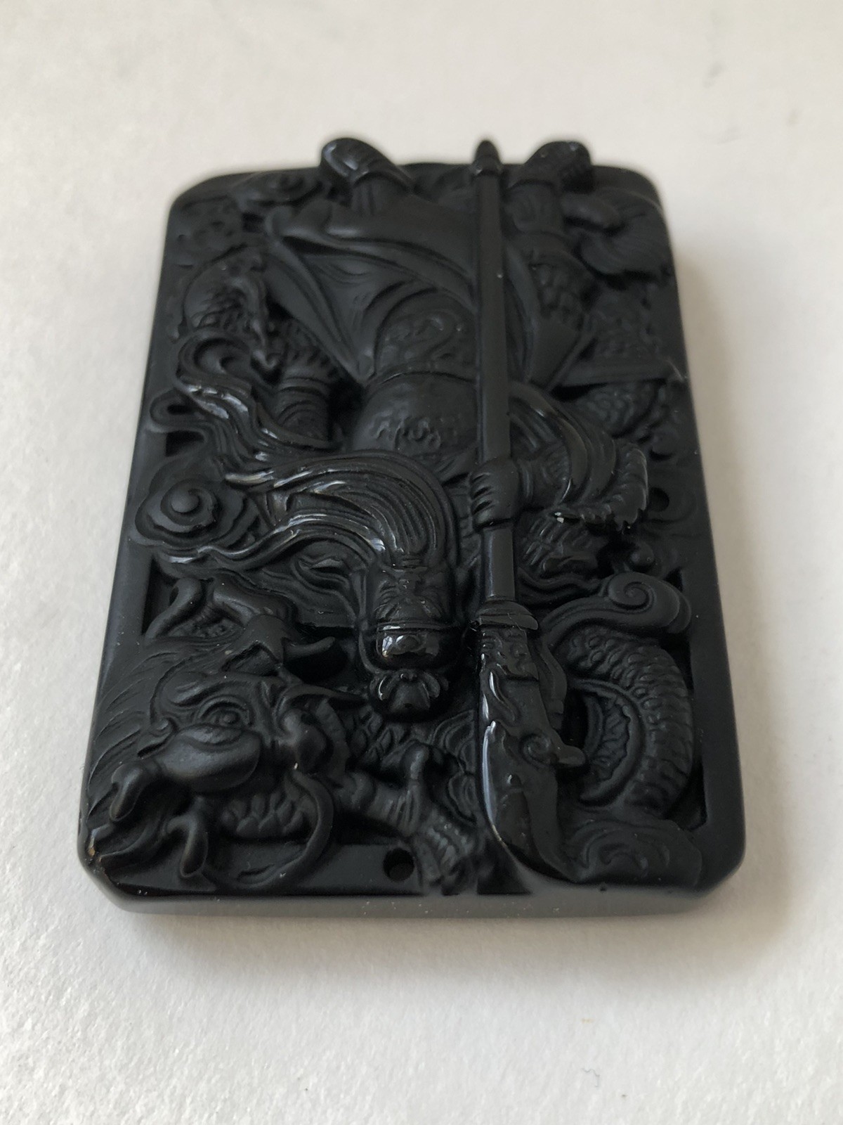 Guan Gong Natural Black Obsidian Necklace Dragon Glass Pendant ‘Guan Yu’ NEW EX