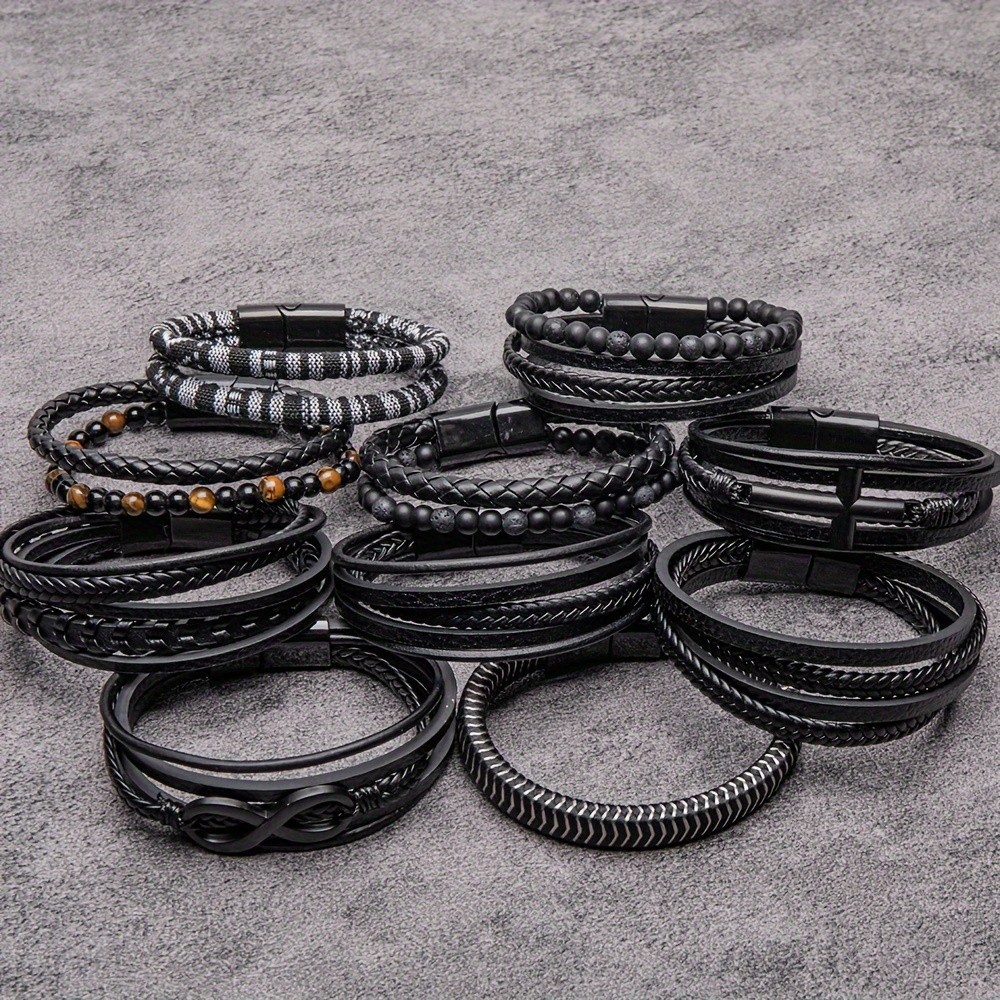 Retro Men’s Magnetic Buckle Faux Leather Fabric Stainless Steel Braided Bracelet