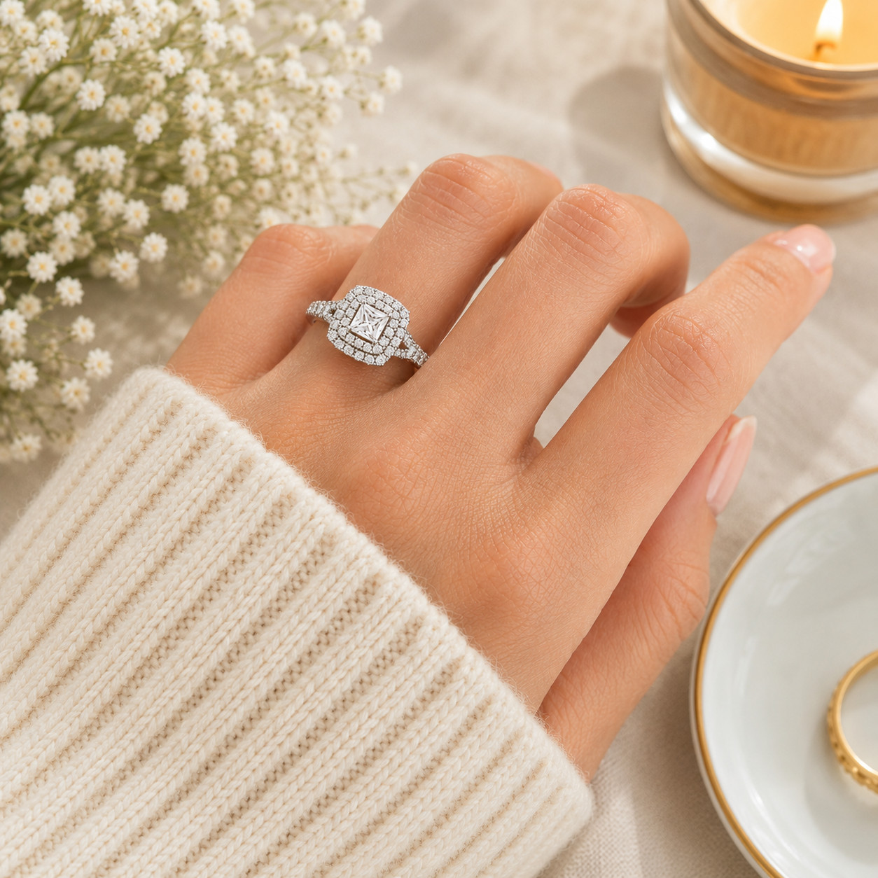 1.00Ct Pear & Round Moissanite Halo Engagement Ring in 925 Silver for Women