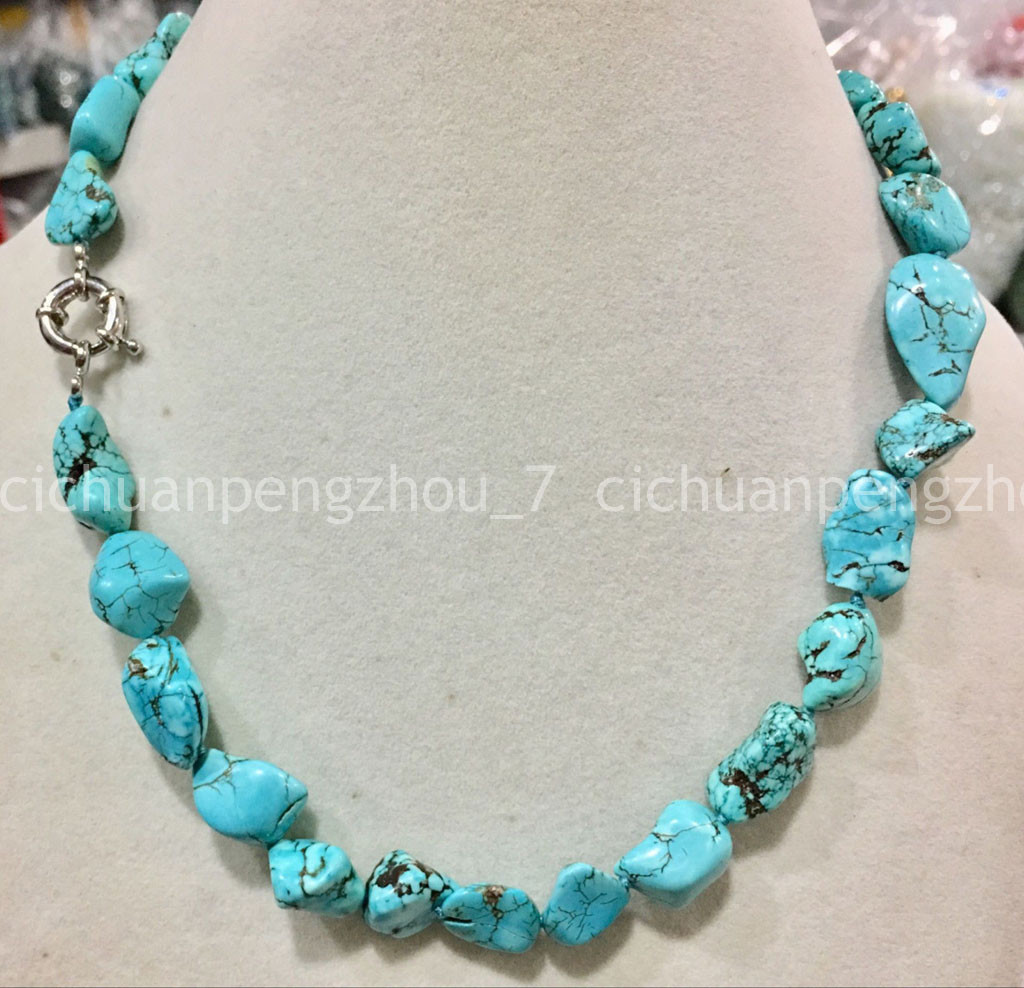 Natural Stone Blue Turquoise 10-14mm Irregular Beads Gemstone Chain Necklace 18″