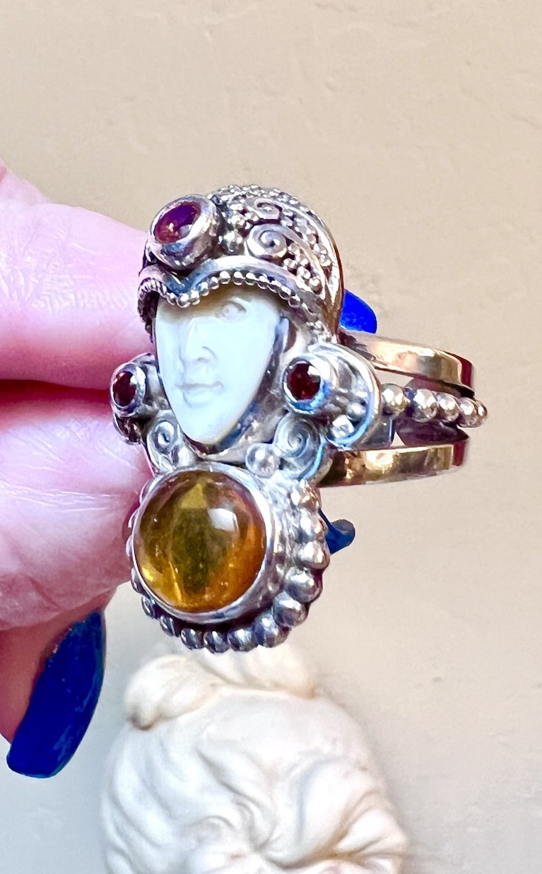 BEAUTIFUL ORNATE Sajen Sterling Silver Citrine, Garnet, Etc. Carved Goddess Ring