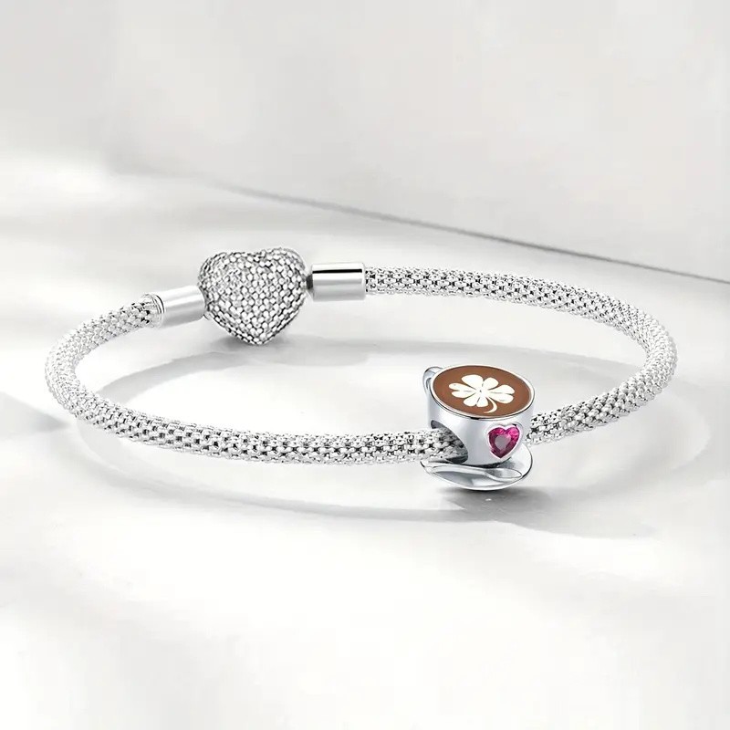 Coffee Cup & Pink Heart Bead Charm Sterling Silver S925 Hallmarked