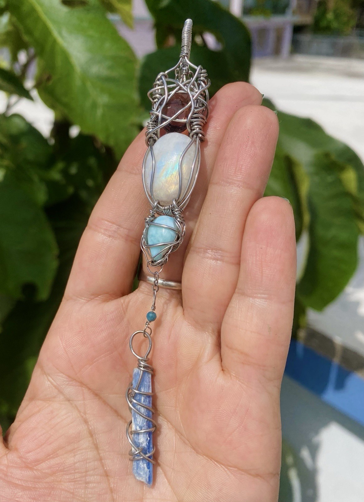 Rainbow Moonstone, Larimar & Kyanite Necklace Amethyst & Blue Apatite Steel