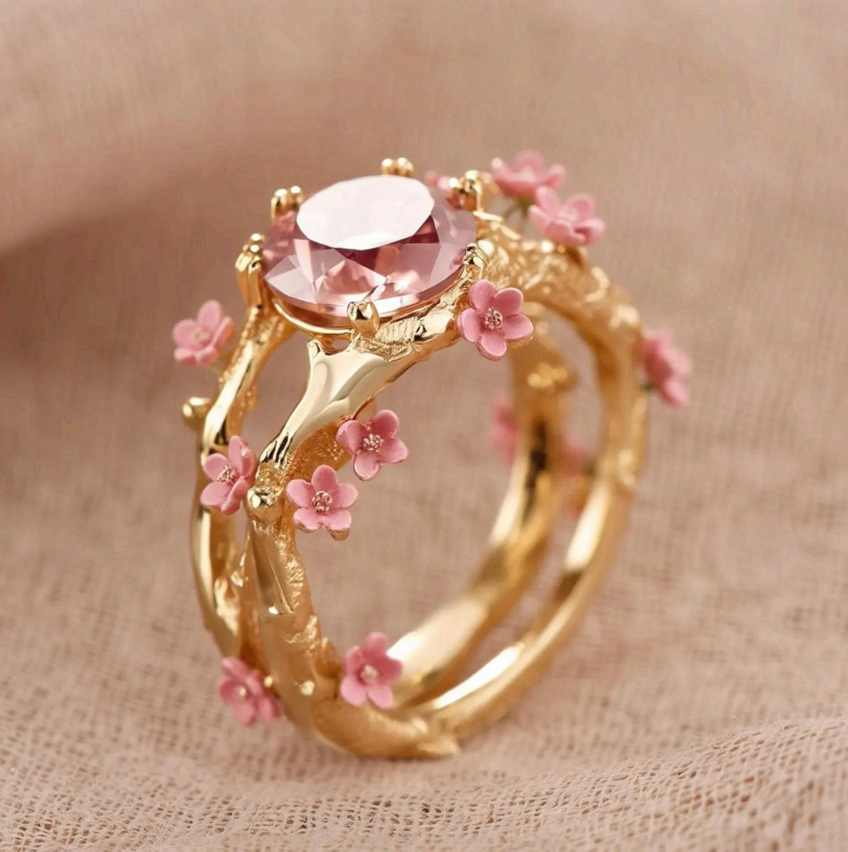 Gold Cherry Blossom Ring Pink Stone Branch Flower Statement Band Stainless Steel