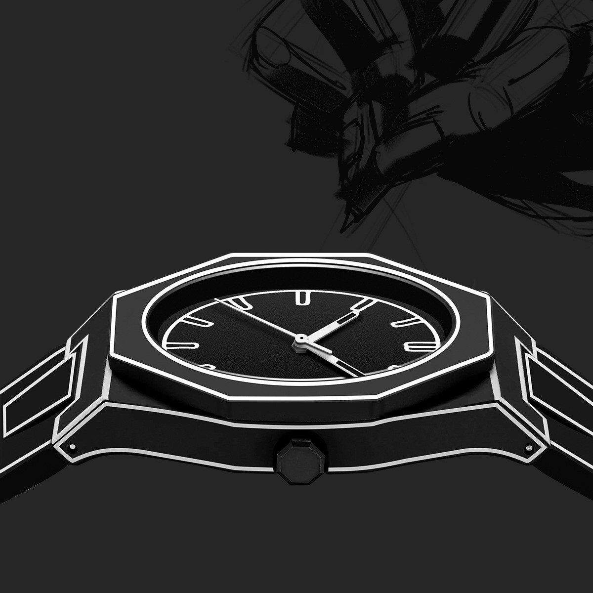 2D “Sketched Look” Outline Art Watch – Black With White Trim. Free Shipping 2025