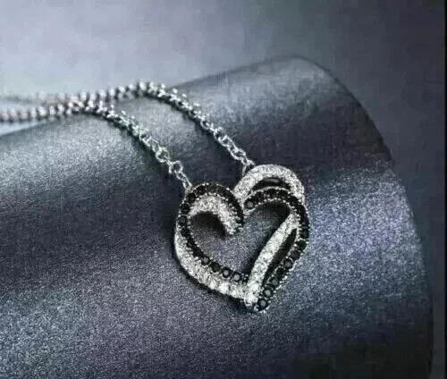 3CT Round Cut Lab Created Onyx Women’s Heart Chain Pendant 14k White Gold Plated