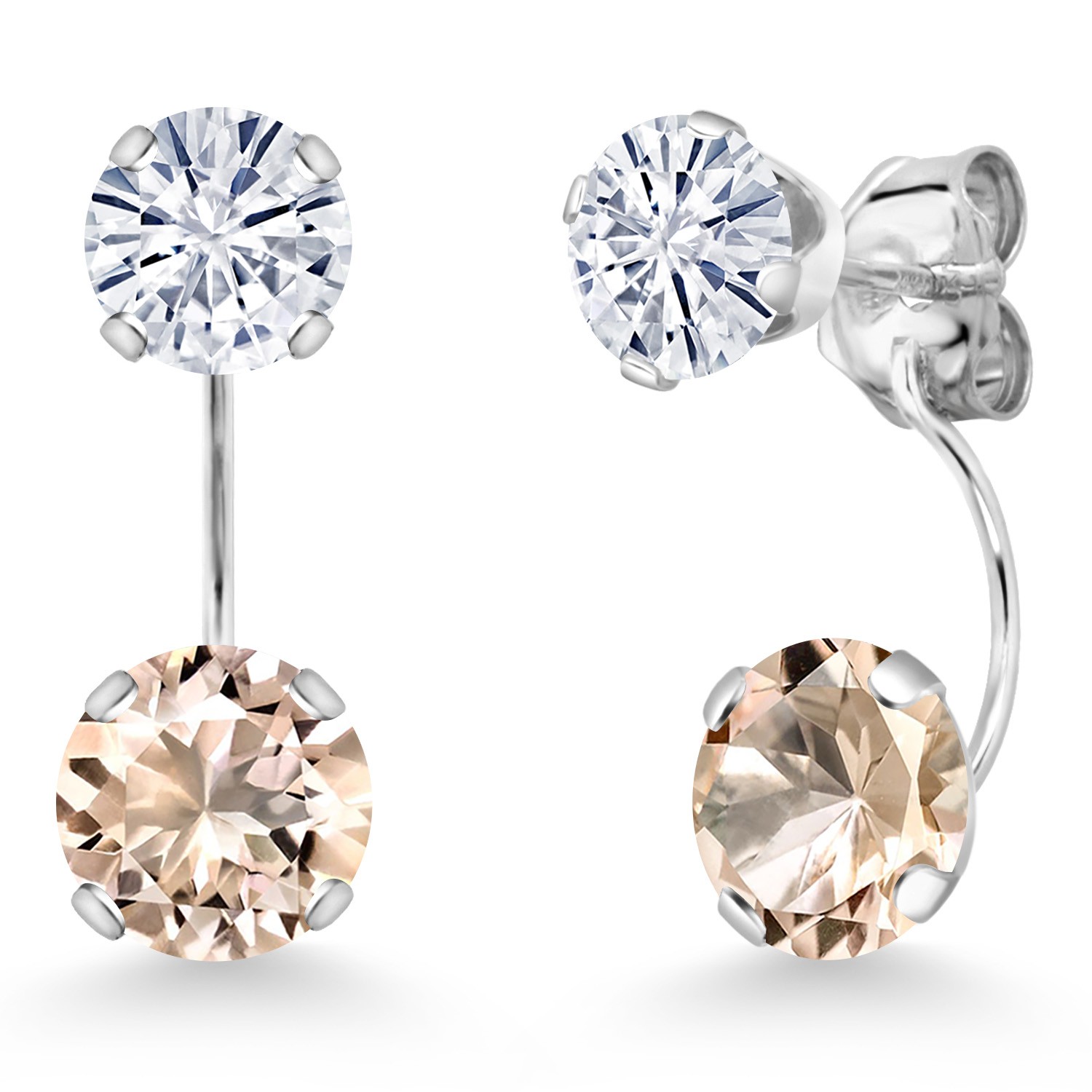 14K White Gold Peach Morganite and White Moissanite Stud Earrings for Women |