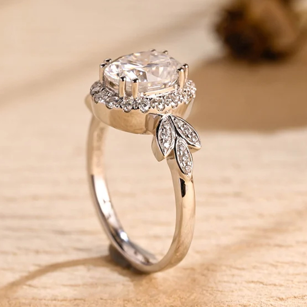 2.52 TCW Oval Cut Moissanite Cluster Engagement Ring In 14k White Gold Plated