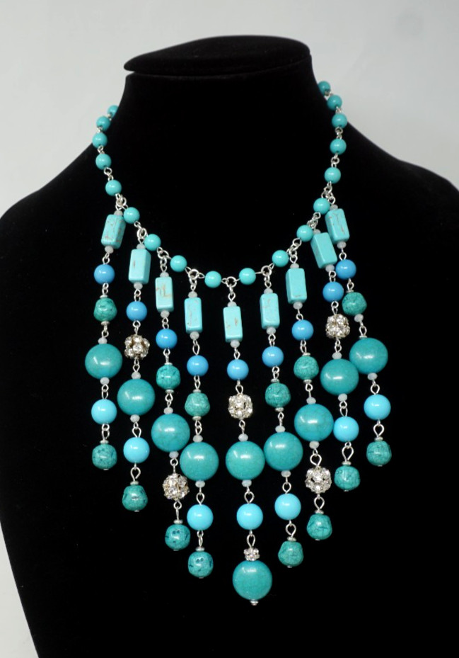 Chico’s Turquoise Blue Beaded Crystal Drip Choker Necklace Waterfall Bib 19”