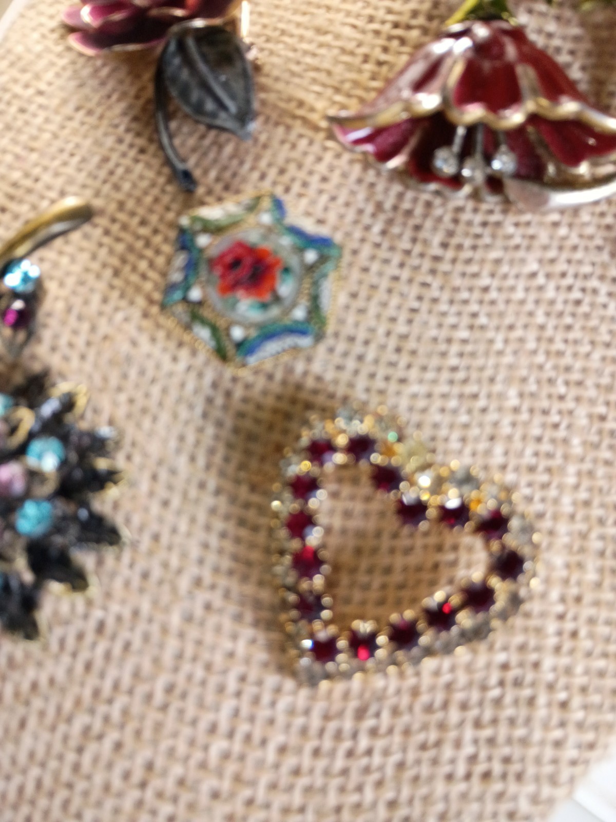 Vintage To Current Brooches Lot of 6 Rhinestone Glass Enamel Paint Gold Fill