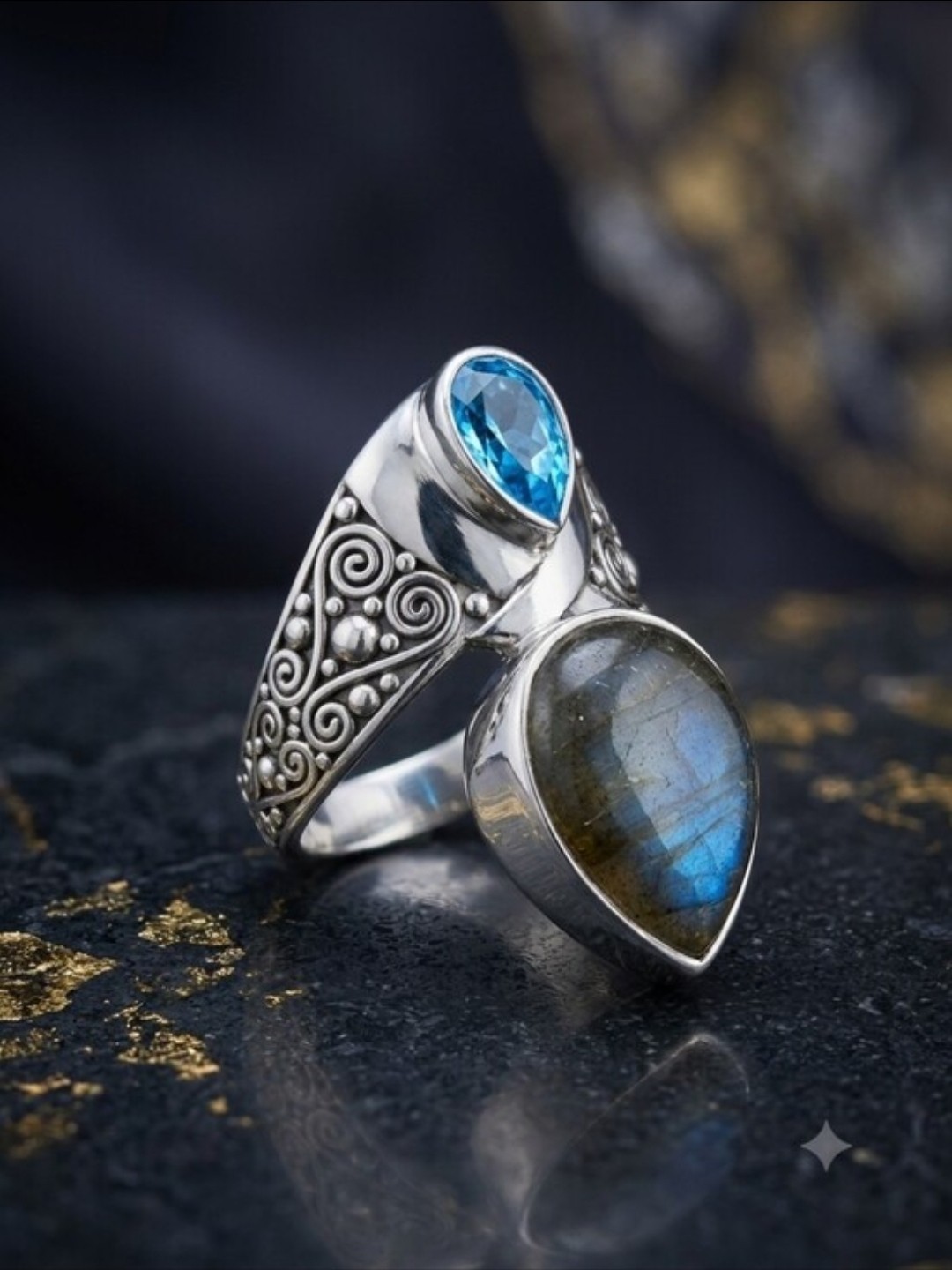 Sajen Silver Labradorite Swiss Blue Quartz Sterling Silver Ring 15.40 CTW 8.82 G