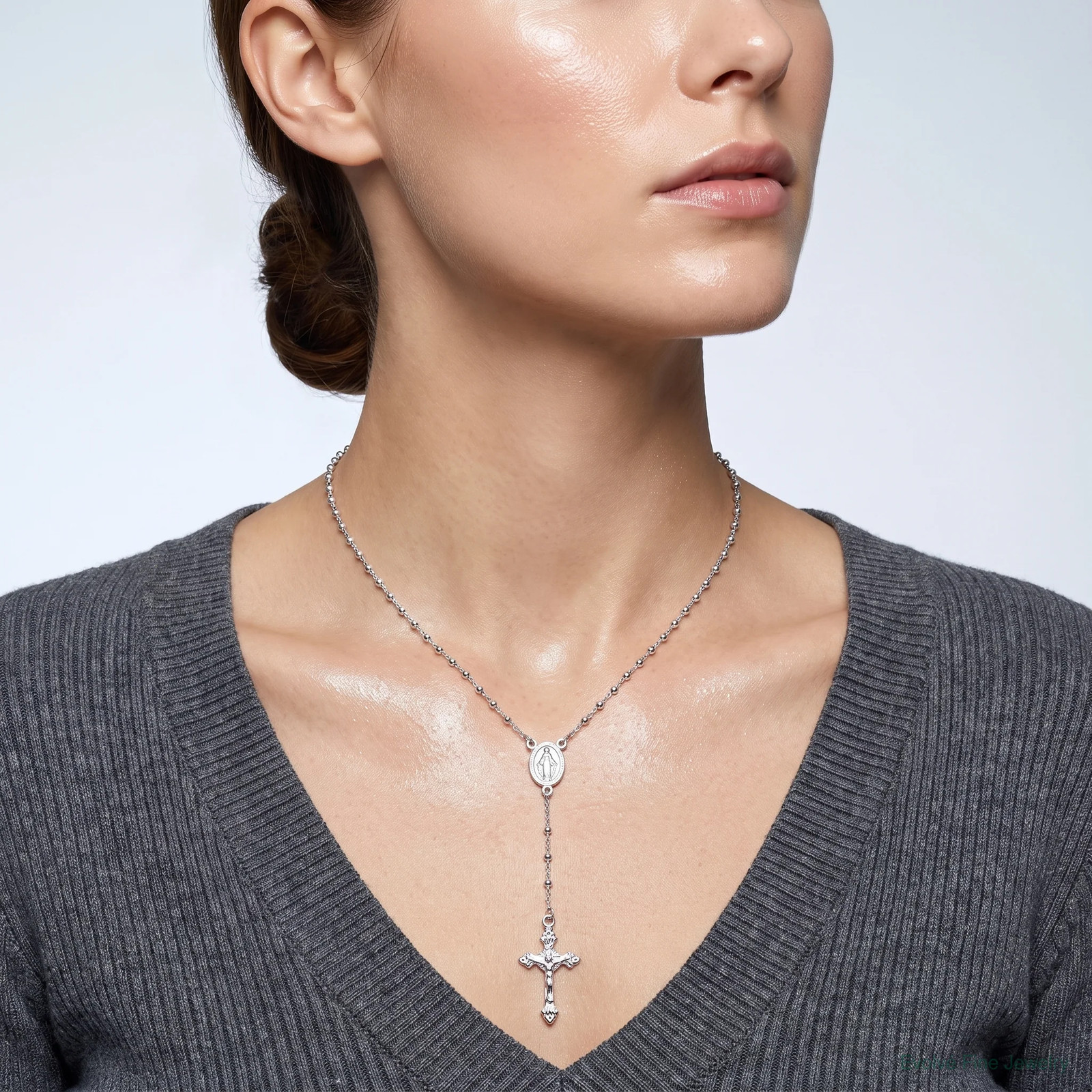 Sterling Silver Rhodium-Plated Polished Beaded Rosary 24 Inch Necklace