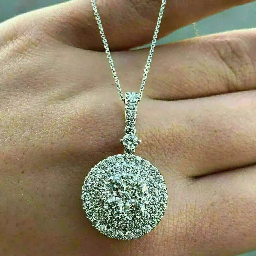 2.50 Ct Round Cut Real Moissanite 14k White Gold Plated Cluster Women’s Pendant