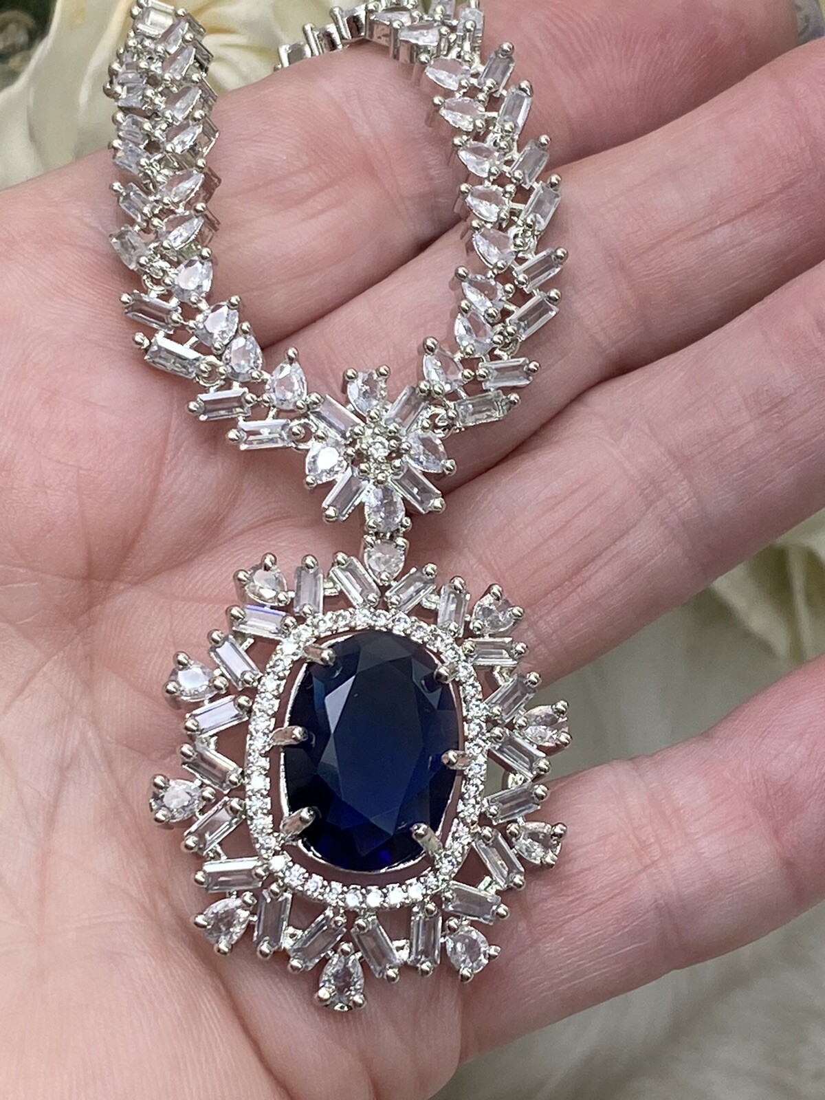 💝925 Silver, CZ & Sapphire Necklace, Earrings, Bracelet & Ring, Size