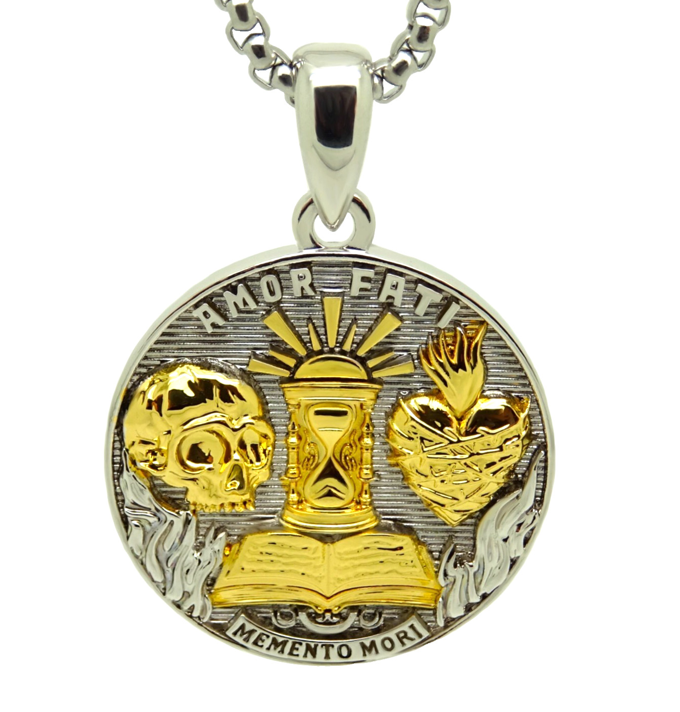 Stoic Medallion Brass Pendant Memento Mori Necklace Amor Fati Gold Plated