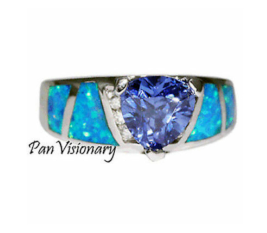Blue Opal Ring 925 Sterling Silver 8mm Tanzanite Color CZ Trillion Sizes 6 7 8